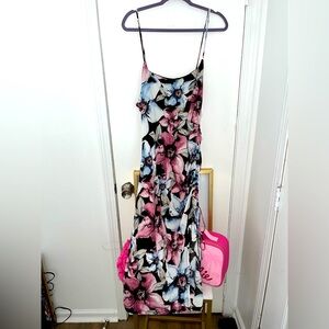 Floral Midi Dress with Pink and Blue Accents